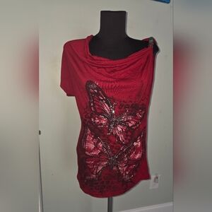 Hybrid Apparel Red Short Sleeve Butterfly Crystal Tee